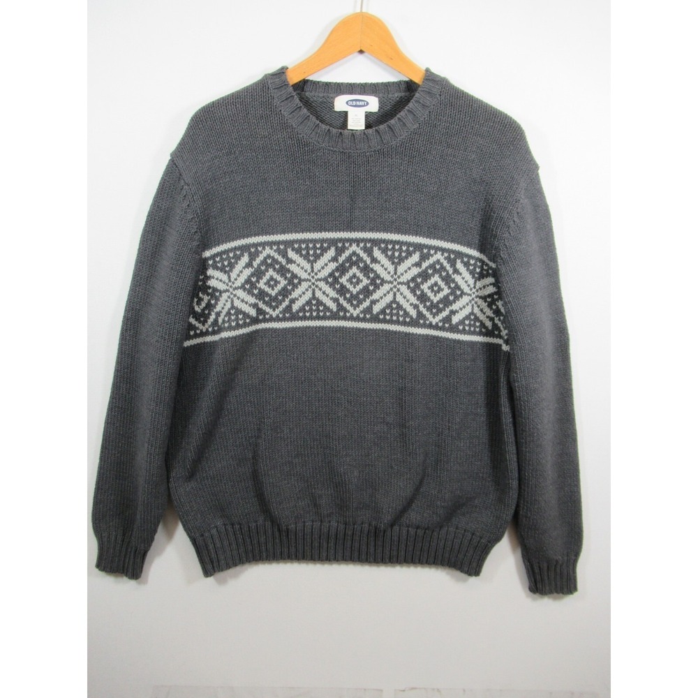 Vintage Y2K Old Navy Fair Isle Snowflake Sweater Men XL Gray Pullover Crewneck